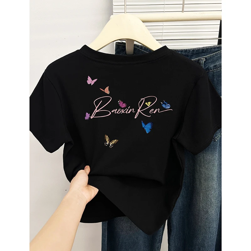 时尚环绕蝴蝶印花正肩短袖t恤女夏季新款韩版休闲圆领半袖上衣潮