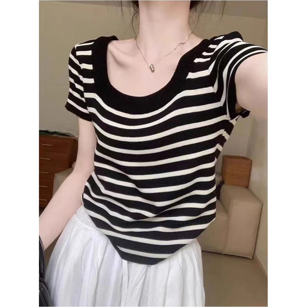 韩系chic冰丝正肩短袖t恤女夏新款修身短款独特复百搭时尚条纹