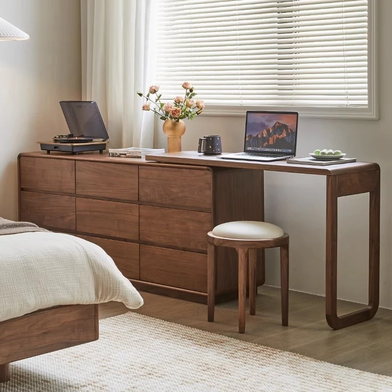 北美黑胡桃实木梳妆台斗柜一体化妆桌收纳床尾柜九斗柜卧室可移动