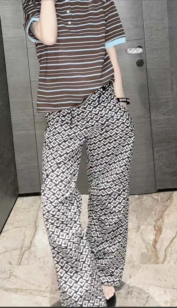 【HAV】  新款时髦百搭松紧腰抽绳菱形格褶皱直筒裤