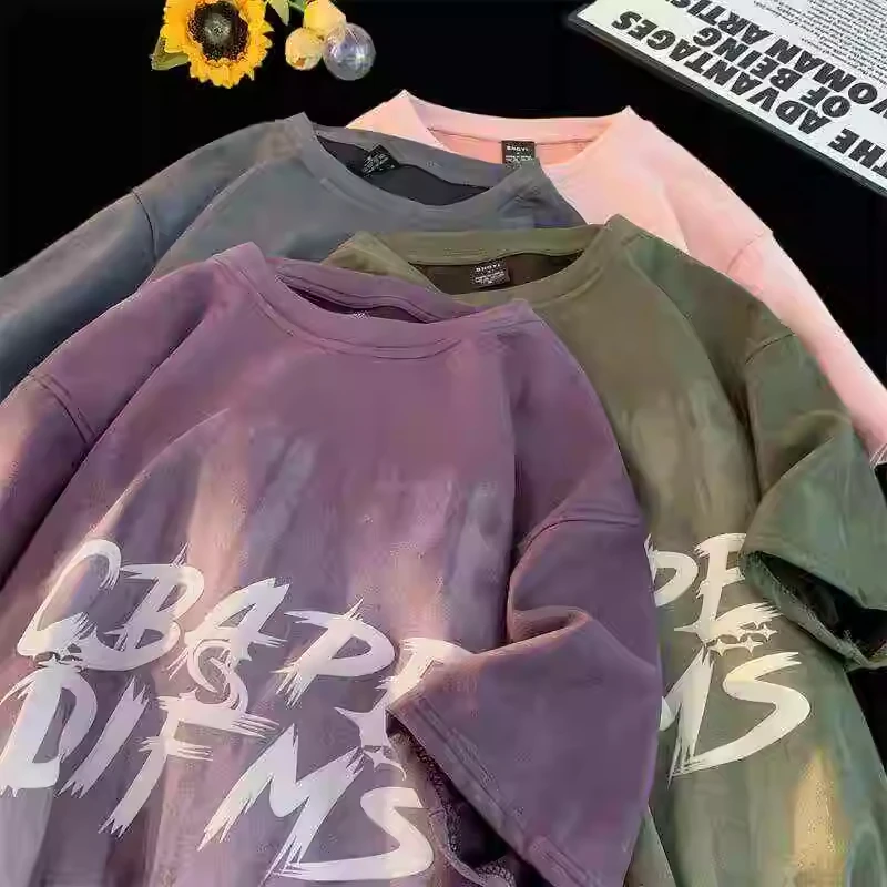 加大码300斤美式潮牌印花仿麂皮绒短袖t恤男女夏季宽松百搭情侣装