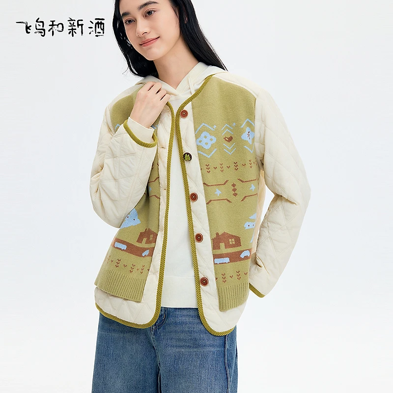 飞鸟和新酒灯芯绒包边无领菱格棉衣女冬季保暖内搭上衣FD57022013