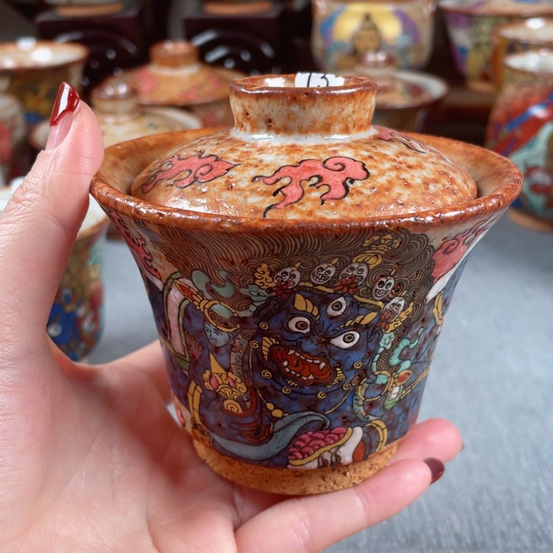 杯?****色手绘大黑天盖碗福利