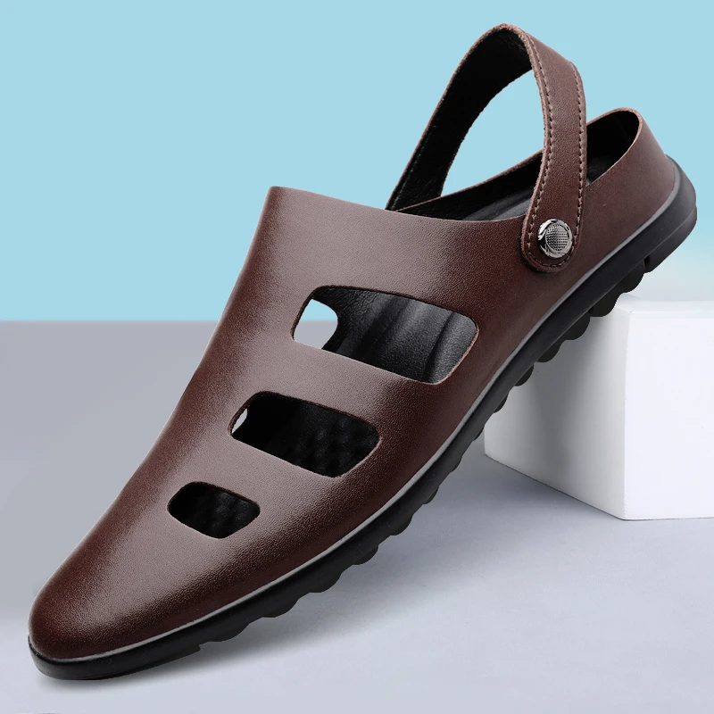 凉鞋男夏季外穿镂空透气舒适休闲沙滩鞋英伦风两穿软底防滑皮凉拖