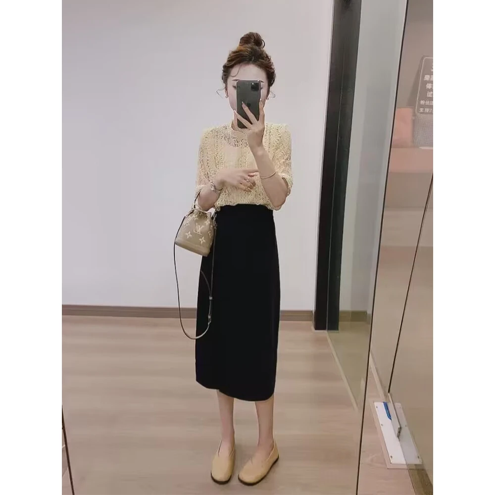 法式甜美蕾丝上衣黑色包臀裙高级感两件套减龄漂亮洋气套装女夏季