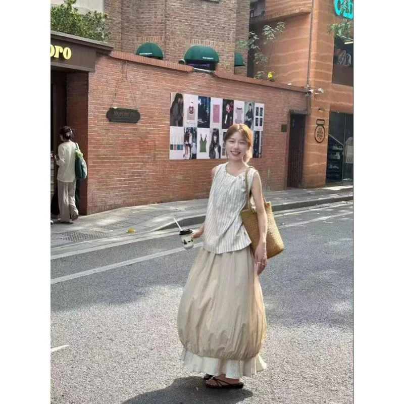 韩系夏日穿搭套装无袖条纹吊带背心上衣女装夏季裙子半身裙两件套