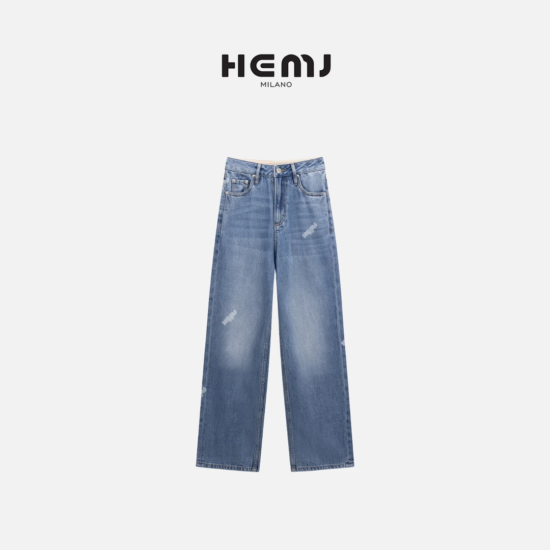 HEMJ 和梦洁"听海"复古牛仔裤休闲通勤水洗蓝色直筒裤 CM2B2017