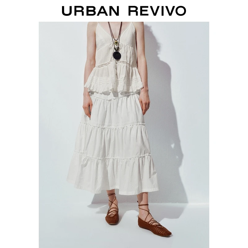 UR2025夏季新款女时尚休闲超宽松层叠花边抽绳半裙UYL550067