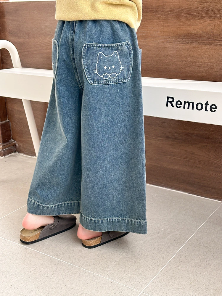 【依妈童品】女童春季可爱猫咪阔腿裤宽松直筒口袋牛仔裤 25A020