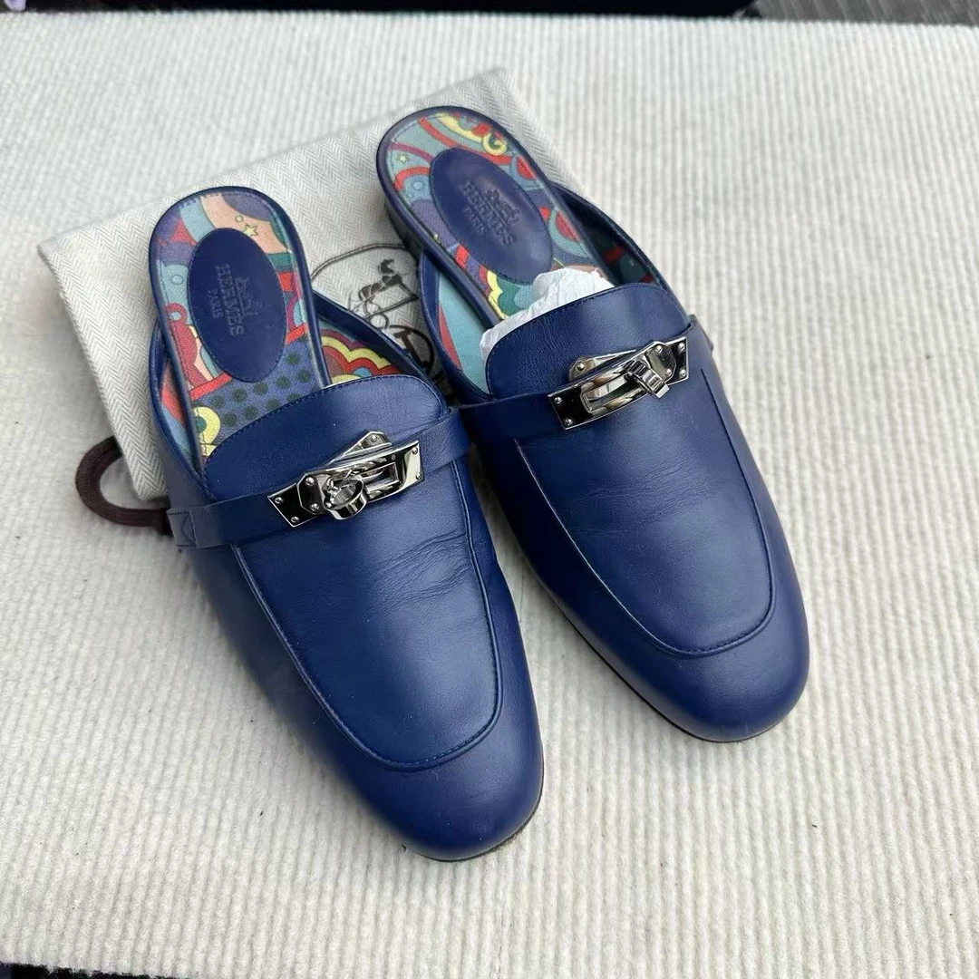99新 Hermes/爱马仕 深蓝色穆勒鞋 银色Kelly鞋 36.5码