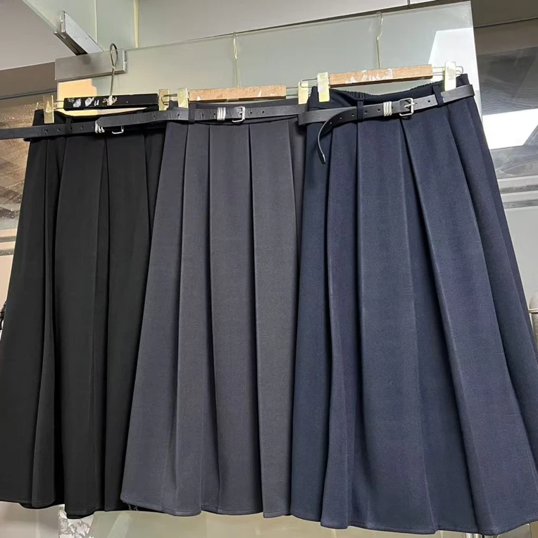 灰色毛呢韩系半身裙女秋冬款高腰垂感百褶裙小个子中长款大摆伞裙