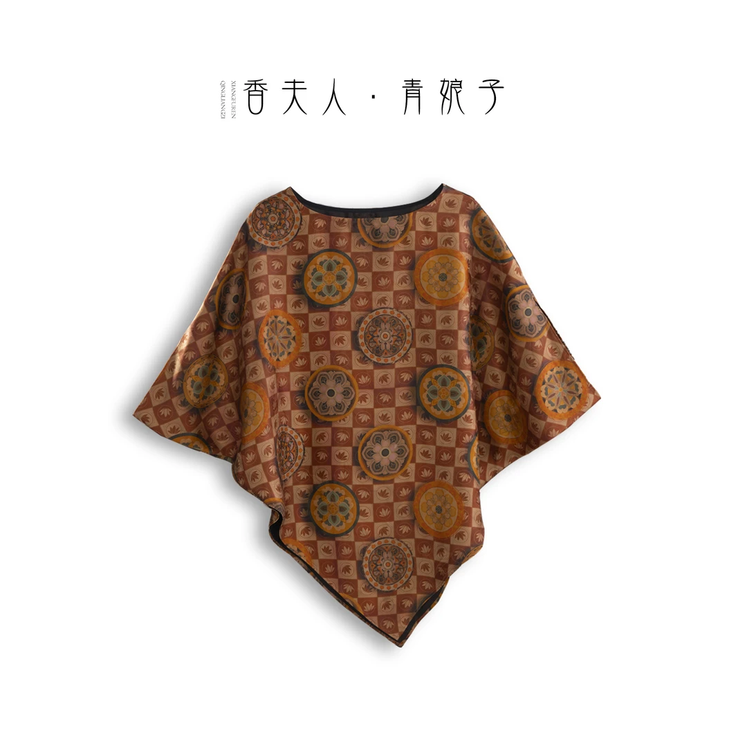 青娘子香云纱重缎印花时尚气质国风一字肩宽松上衣51216