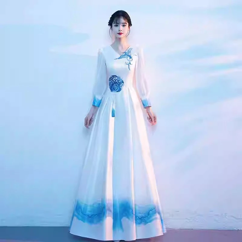 大合唱演出服2025新款中国风合唱团演出礼仪礼服裙女夏舞台晚礼服