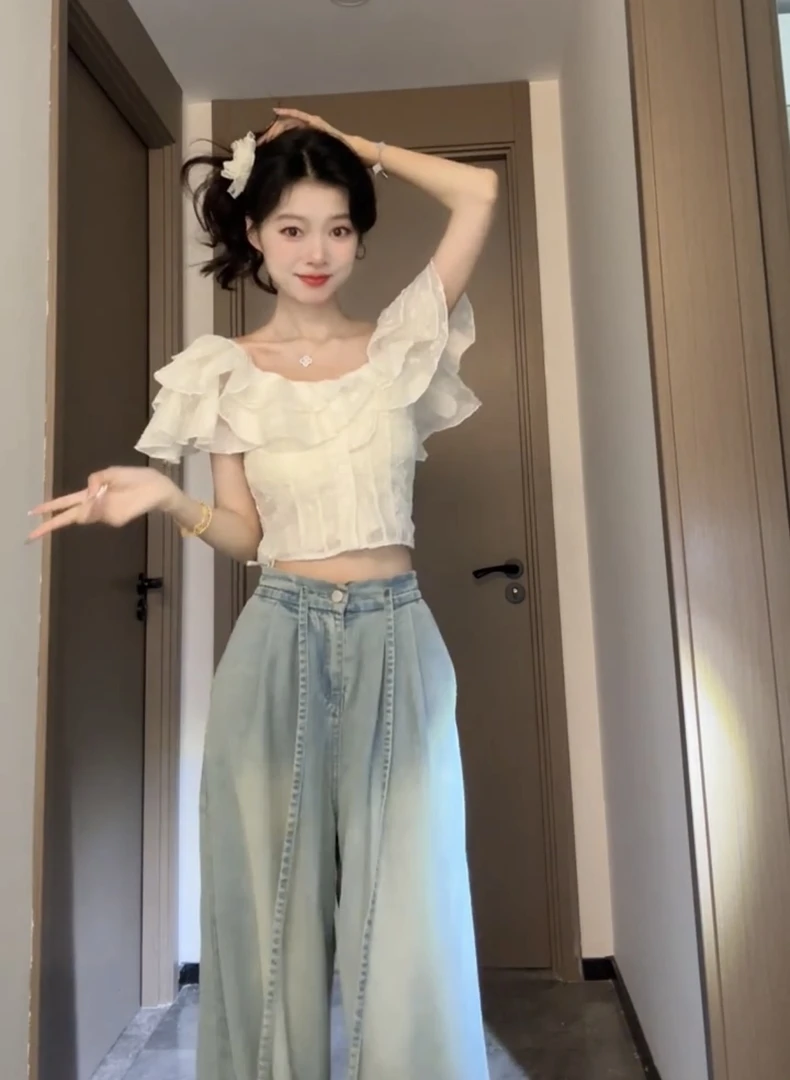 2025夏季纯欲网纱气质荷叶边鱼骨短袖T恤女高腰牛仔阔腿裤两件套