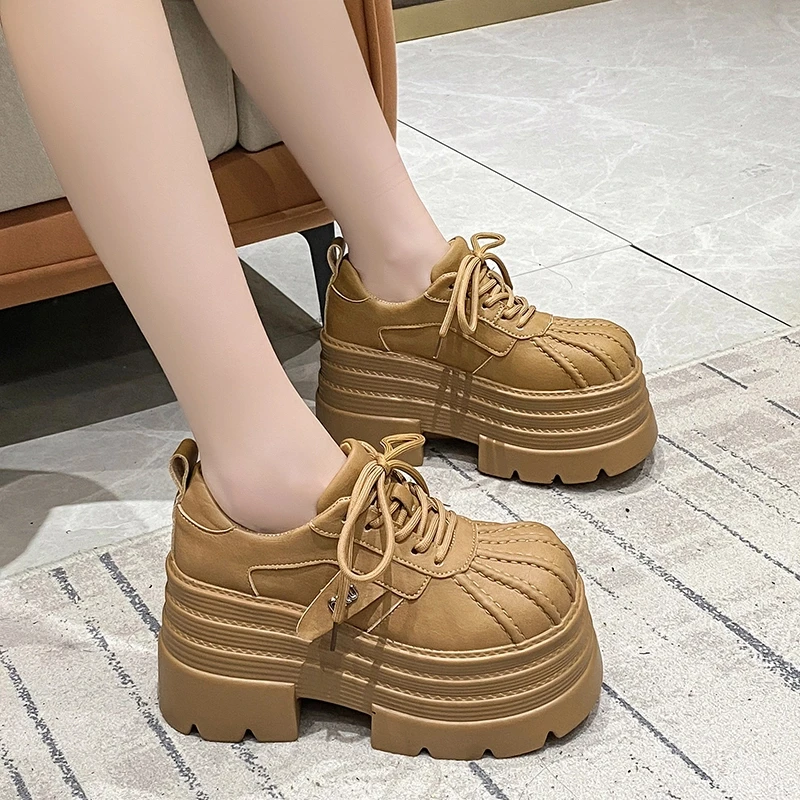 英伦风大头厚底小皮鞋女2025春新款小个子10cm增高百搭松糕乐福鞋