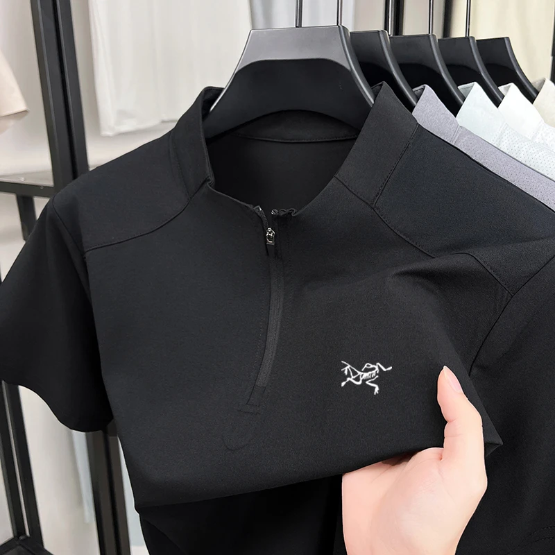 始祖刺绣鸟男士夏季新款速干半拉链短袖t恤休闲户外运动透气