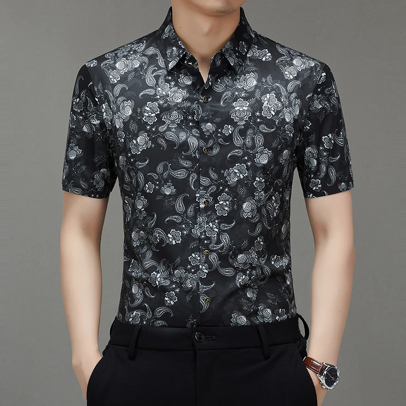 新款无痕冰丝短袖花衬衫男士宽松半袖休闲中年爸爸装碎花衬衣夏季