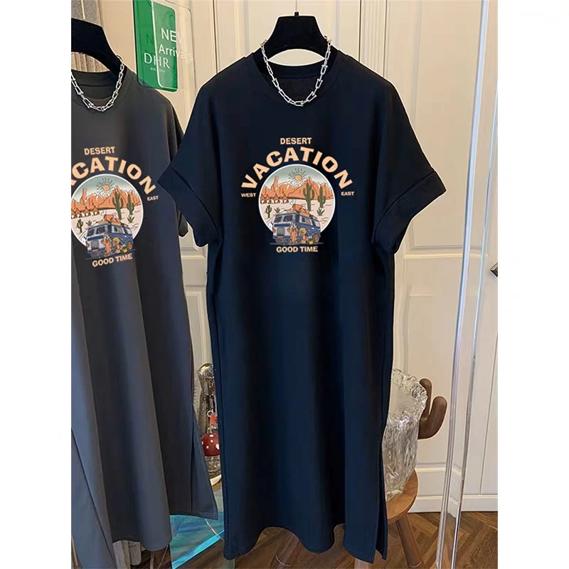 清清款 复古短袖t恤裙夏季新款韩版宽松大码长款过膝连衣裙子潮