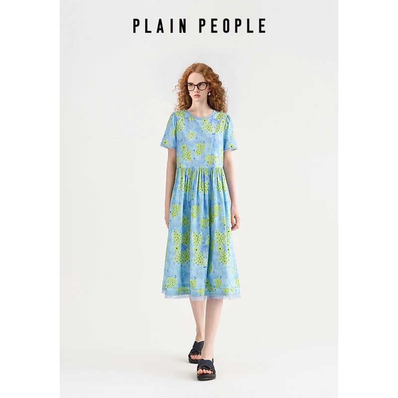 PLAIN PEOPLE法式度假植物花卉印花蕾丝边A字连衣裙2025夏季新款
