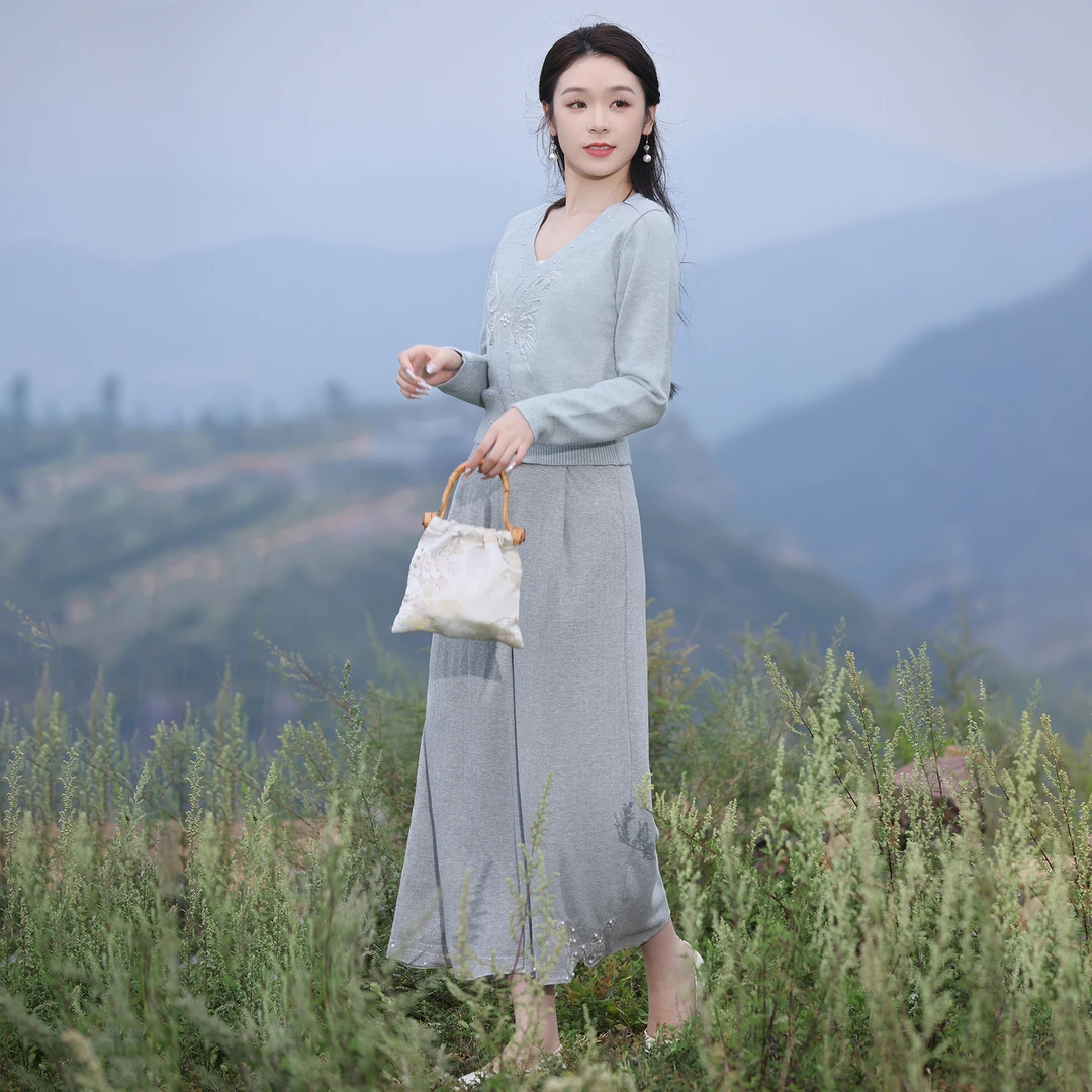 烟花烫复古国风气质显高显瘦套装女长袖针织毛衣阔腿裤 分妍妍分
