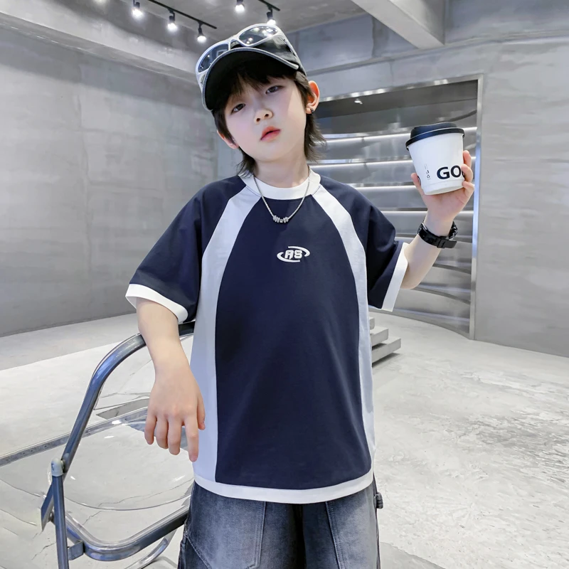 儿童夏季新款时尚休闲T恤2025男童拼色百搭潮酷上衣5328
