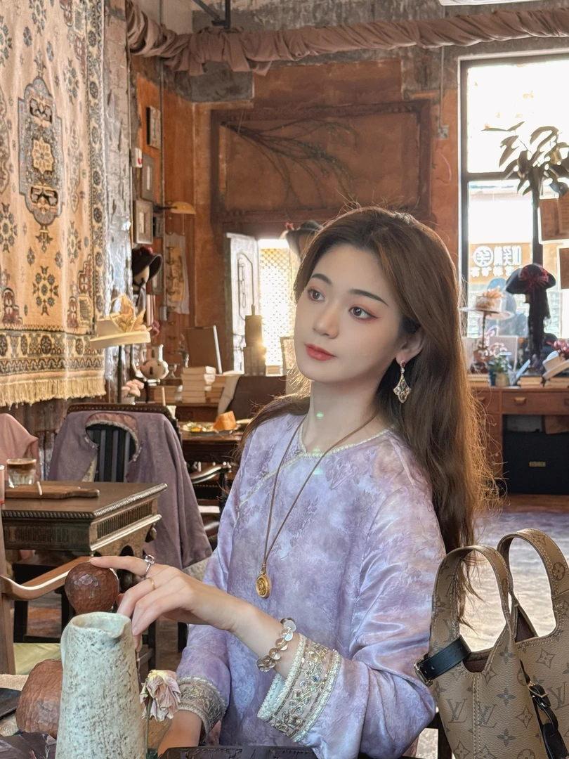 【南音】桑蚕丝新中式国风茶香复古紫色时尚圆领长袖F25005