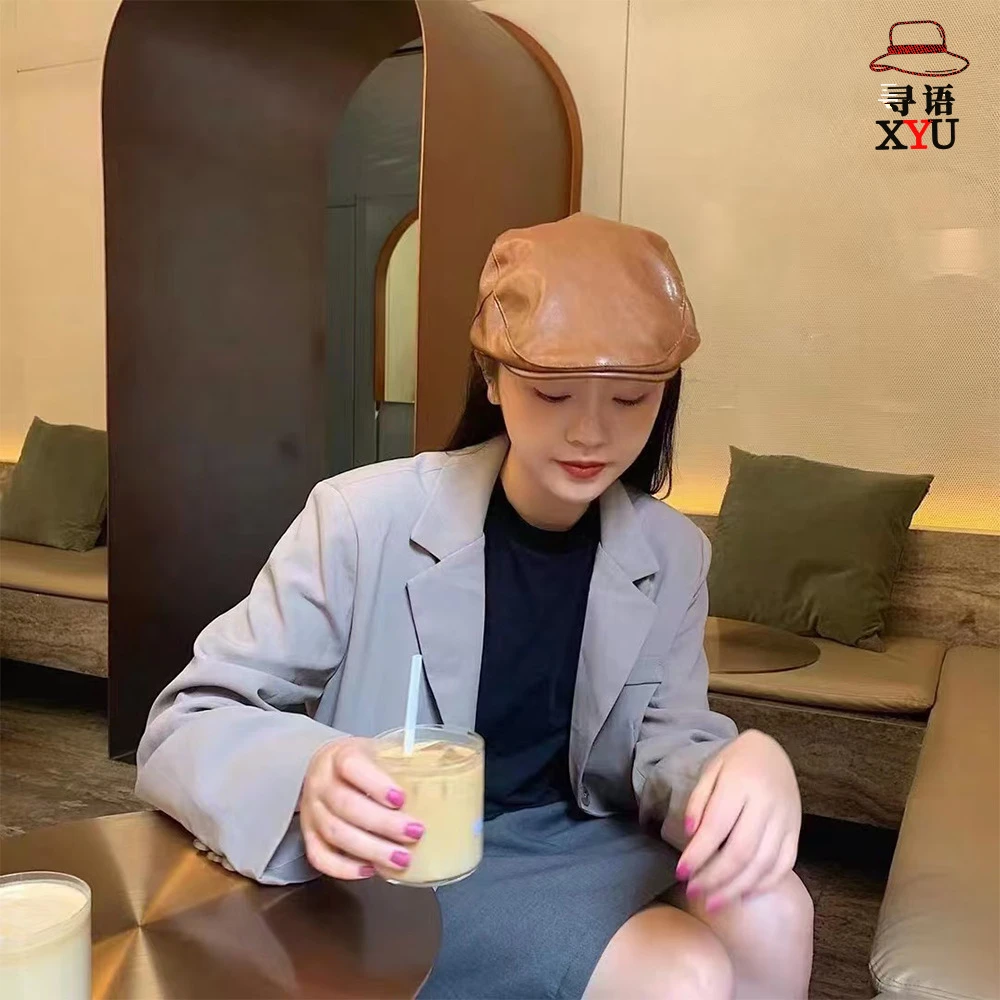 PU皮前进帽秋冬防风防水英伦风鸭舌贝雷帽复古街头百搭画家报童帽