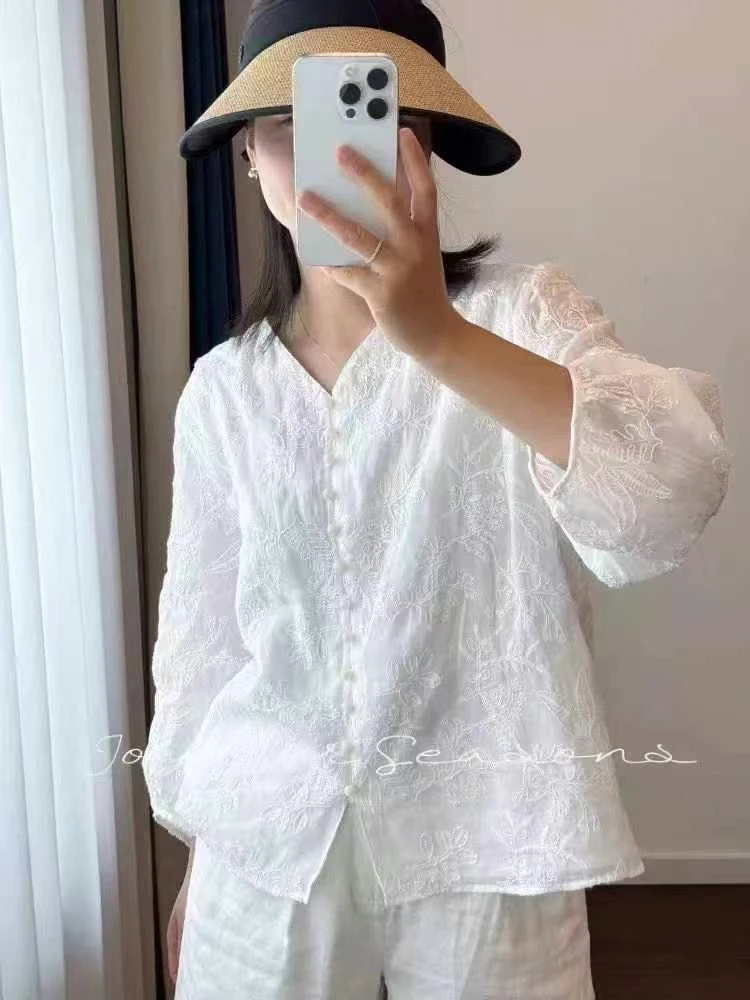 重工刺绣苎麻V领七分袖女士春季衬衫小衫7284