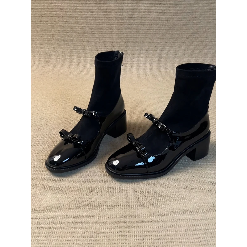 nnmiss·34-40/5cm复古拼接弹力瘦瘦靴圆头漆皮双蝴蝶结粗跟长短靴