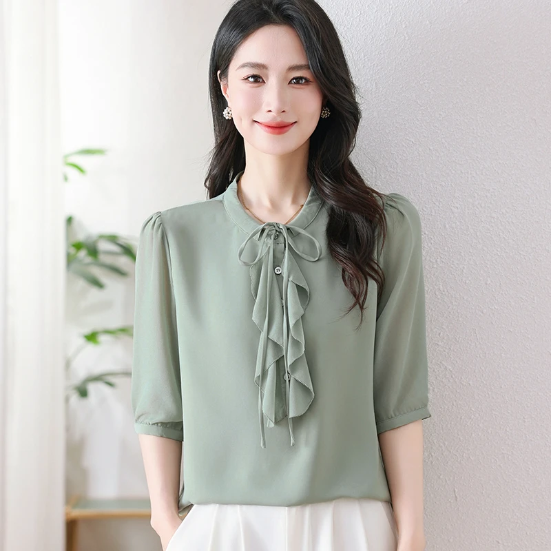 夏装妈妈装雪纺纯色缎面清凉优雅大气显瘦遮肚带荷叶边中袖女装