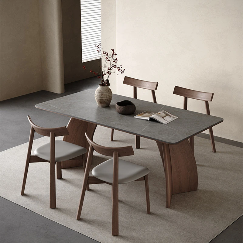 JU MO·现代复古洞石岩板餐桌哑光家用小户型胡桃色中古风白蜡