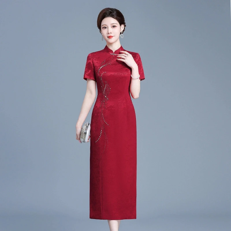 喜婆婆婚宴装中式镶钻红色款高端连衣裙结婚礼服妈妈改良旗袍裙