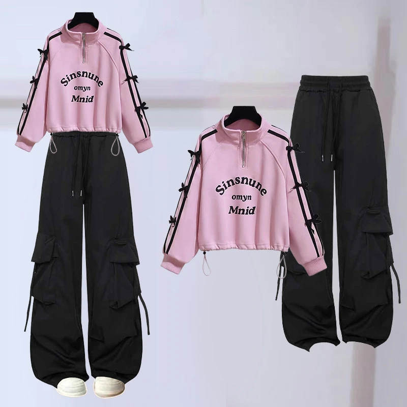 女童卫衣春秋款2025新款洋气时髦蝴蝶结休闲上衣+炫酷工装裤套装