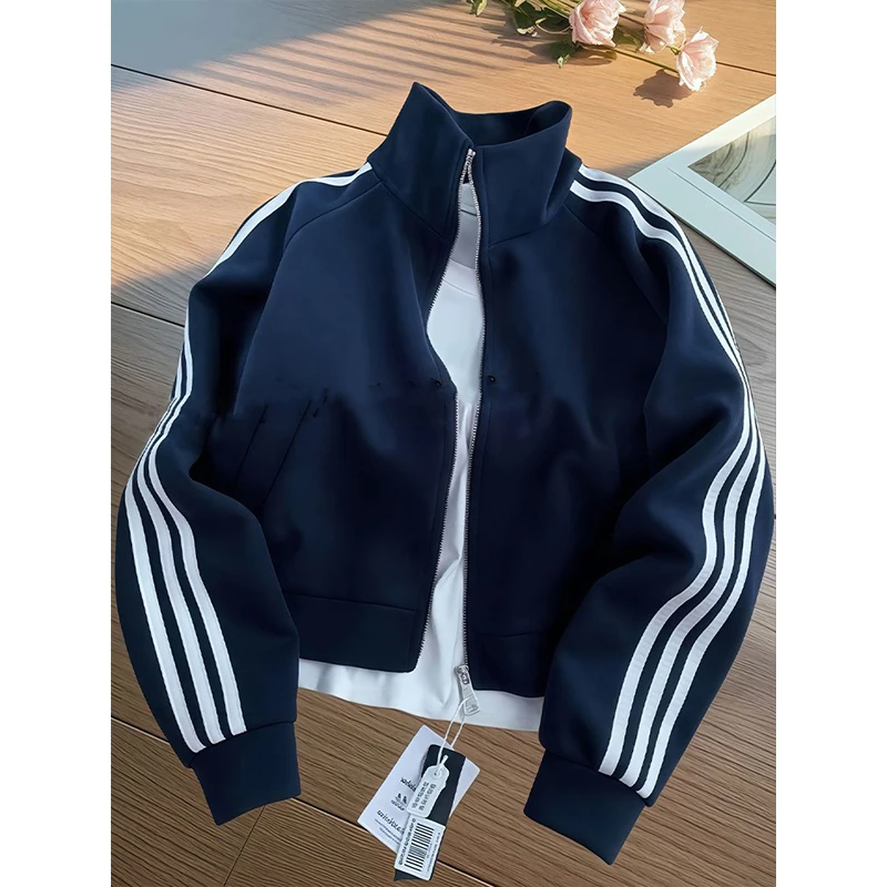 美式复古三条杠立领卫衣男秋季潮牌运动棒球服夹克藏青色开衫外套