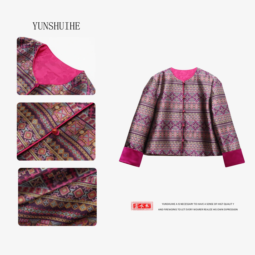 YUNSHUIHE/云水禾新中式国风提花圆领上衣