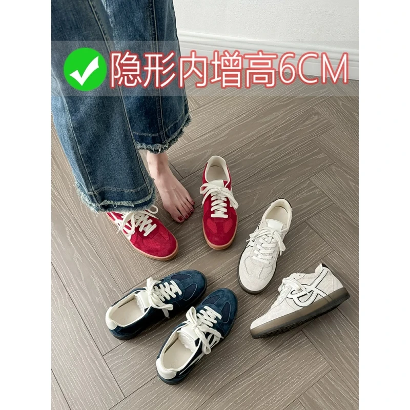 内增高真皮休闲运动系带德训鞋2025新款小个子阿甘鞋透气板鞋女