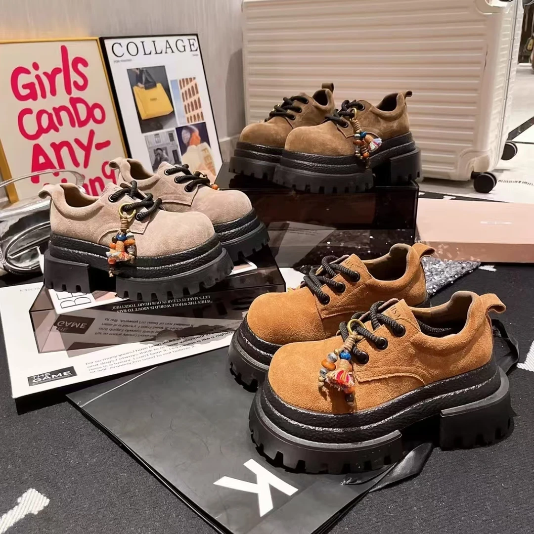 磨砂大头系带厚底松糕休闲乐福鞋流苏复古女鞋5188