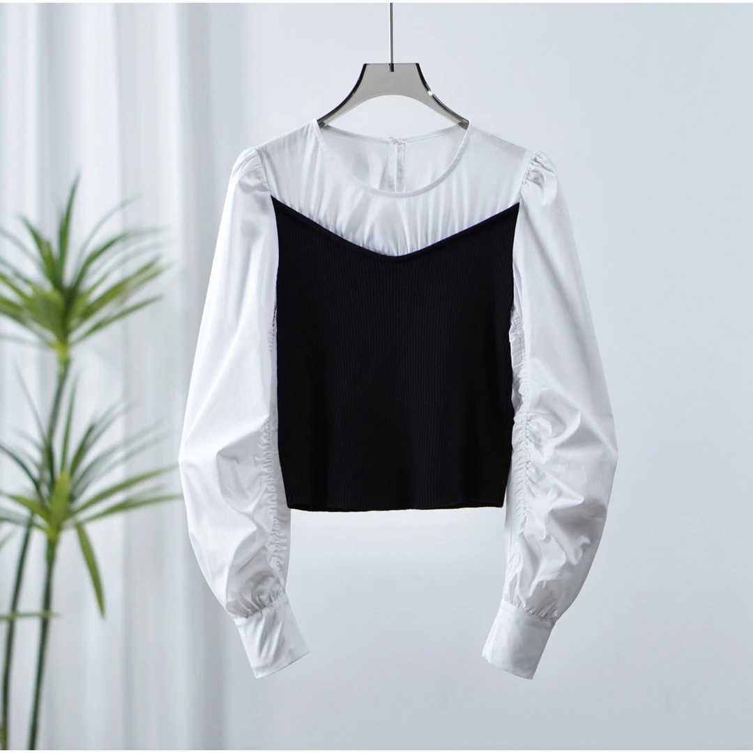 【三C・伊】 Z058-5  女装秋针织拼接衬衫黑白色Y22320314C50