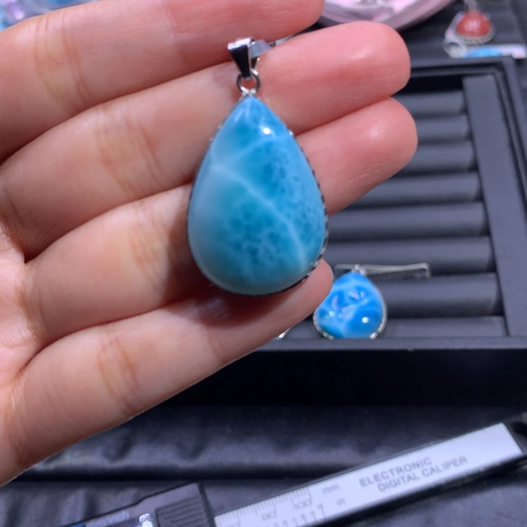 针钠钙石（海纹石）银S925镶嵌吊坠(不含链)水滴吊坠色差略异