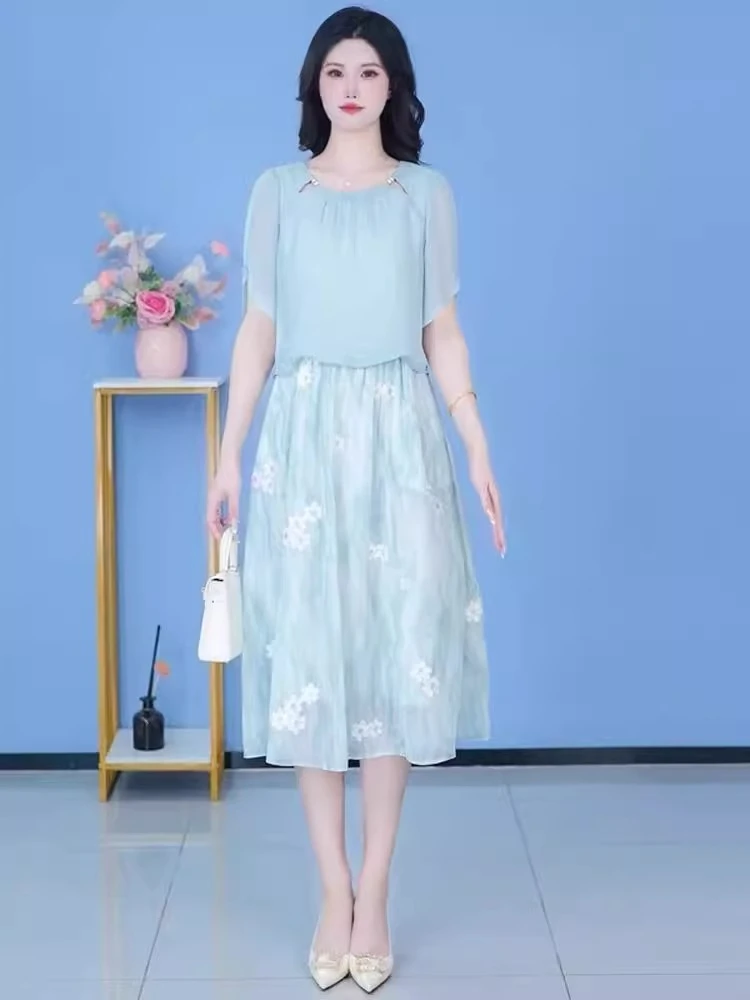 时尚雪纺连衣裙女2025夏季新款洋气时髦中长裙拼接假两件A字裙潮