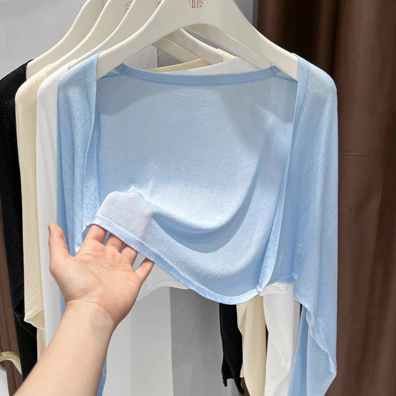 超好看蓝色短款防晒开衫配连衣裙薄款空调衫女士冰丝裙子披肩外搭