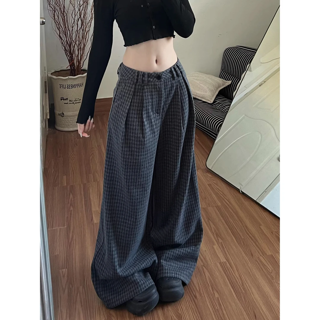 灰色呢子小格子休闲裤裤子女款2025冬季新款高腰宽松显瘦阔腿长裤