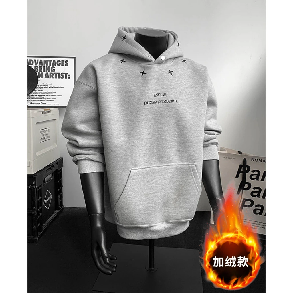 秋冬加绒加厚刺绣美式潮牌连帽卫衣男高级感宽松穿搭休闲长袖外套