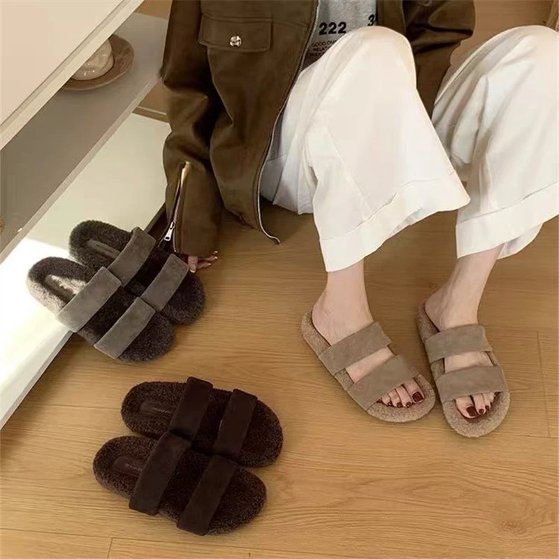 2025新款复古绒面一字拖鞋女仙女风博肯拖鞋加绒保暖平底毛毛鞋女
