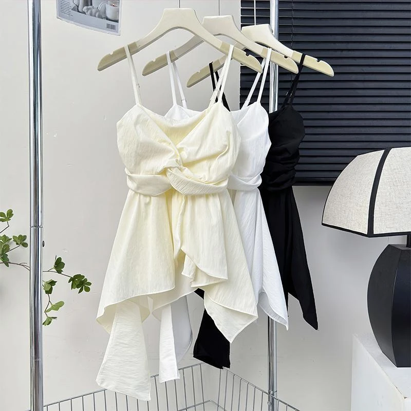 法式不规则荷叶边扭结吊带背心女夏季小众设计感修身显瘦短款上衣