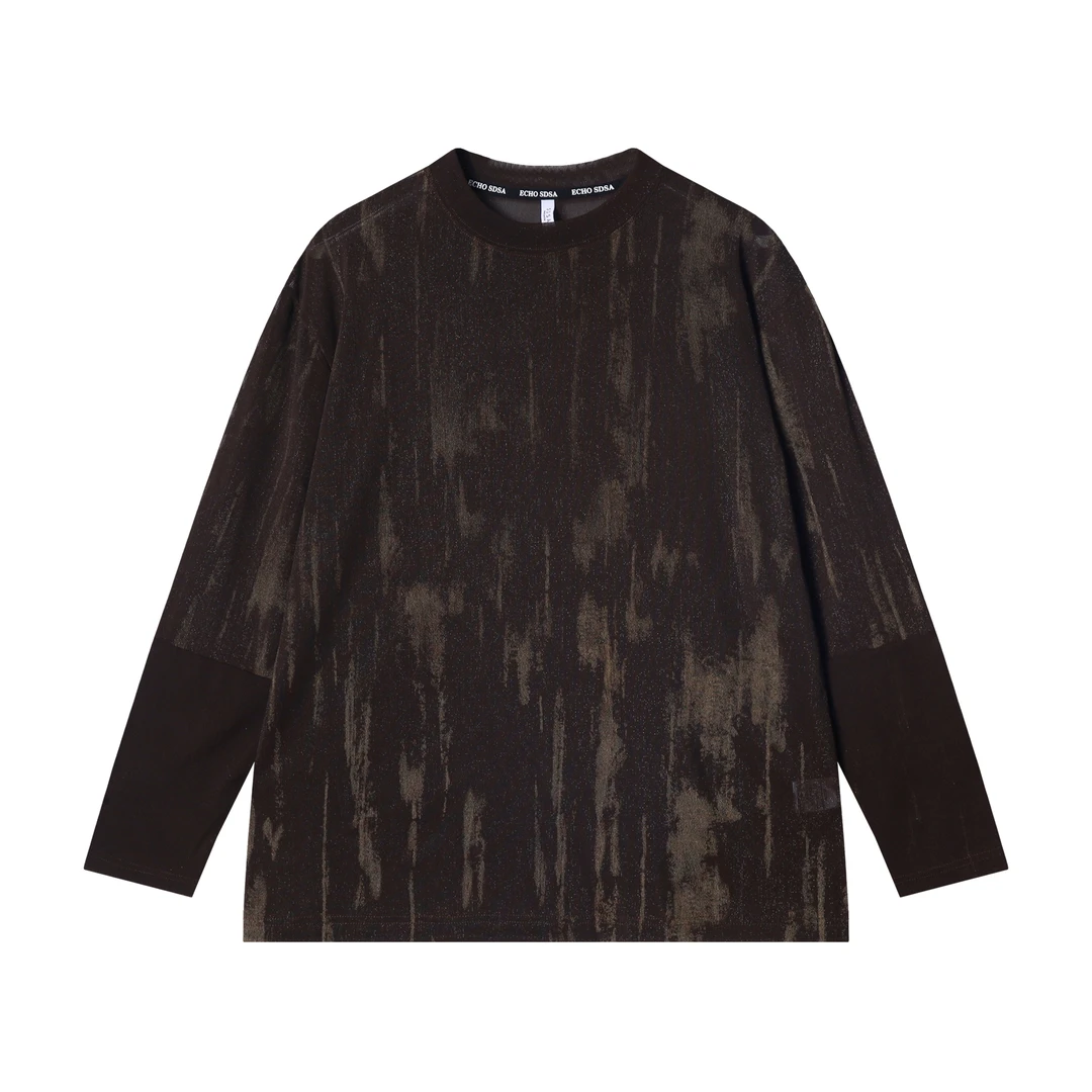 夏季高级感新款潮牌细闪扎染圆领长袖T恤时尚宽松潮流套头上衣