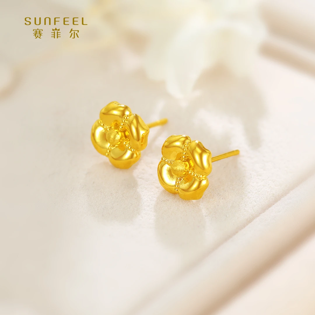 SUNFEEL/赛菲尔【优选店】足金5D硬金光面小花直针耳钉5DE00410