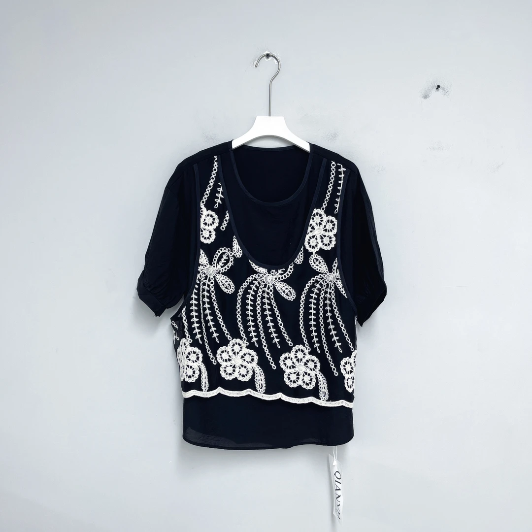 343女装T恤蕾丝时尚休闲夏季黑色设计感衬衫