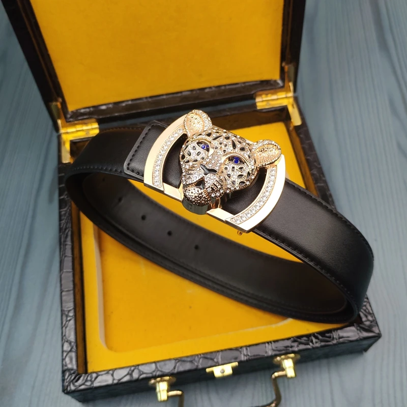 皮带男士立体浮雕镶钻豹头真皮光面牛皮鳄鱼纹青年高裤档腰带百搭