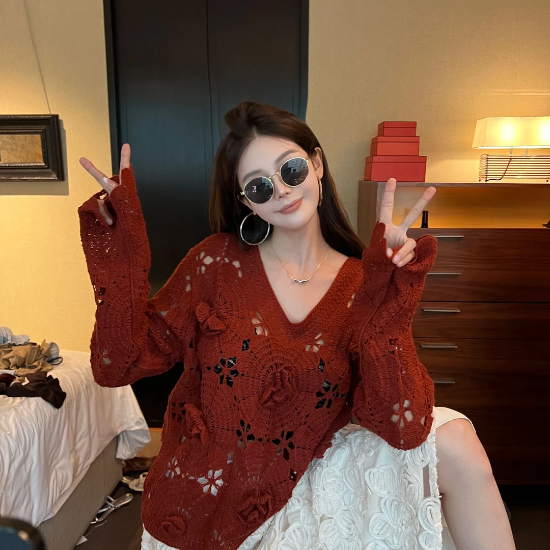 利达NEWDADAD法式勾花镂空针织衫女长袖防晒上衣罩衫外搭SM352